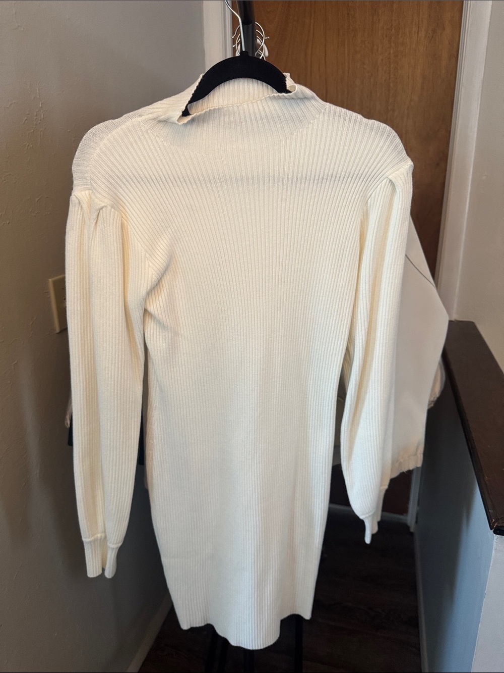 Cream Ribbed Long Sleeve Sweater Dress